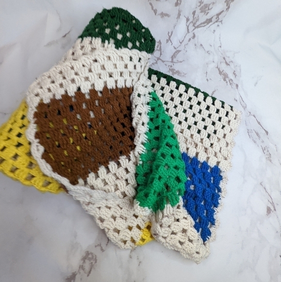 Vintage Crochet Blanket Throw Afghan Retro Brown Yellow Cream Blue Boho Stripe - Picture 6 of 13